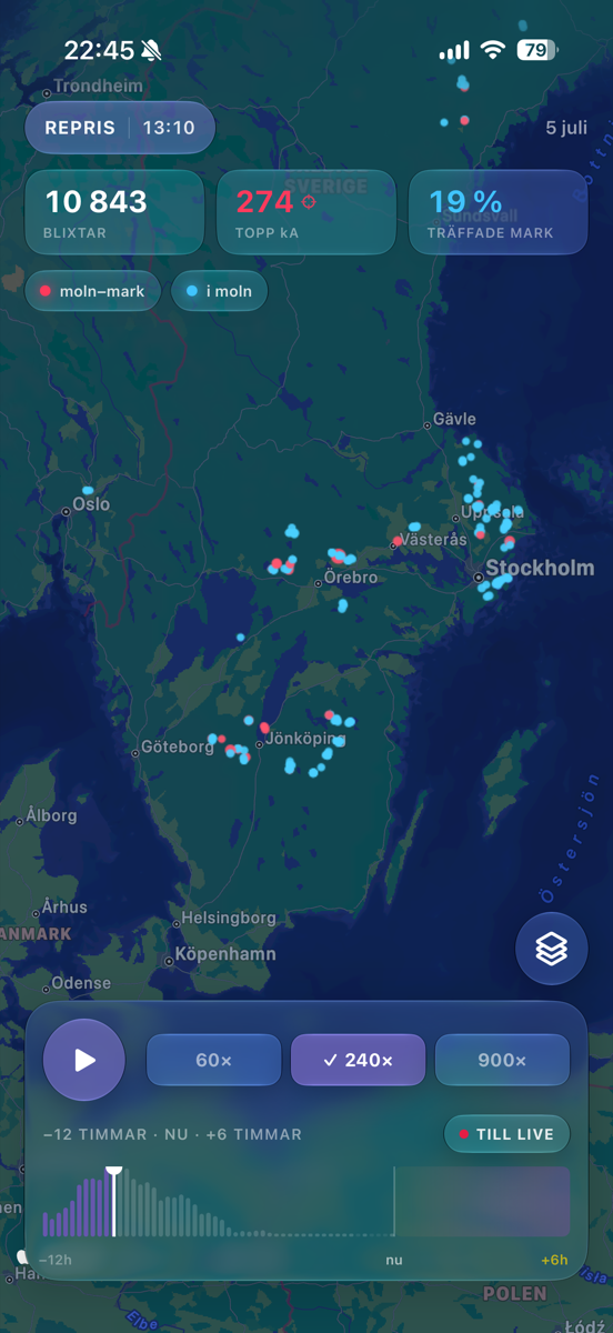 Blixtra showing live lightning across Sweden
