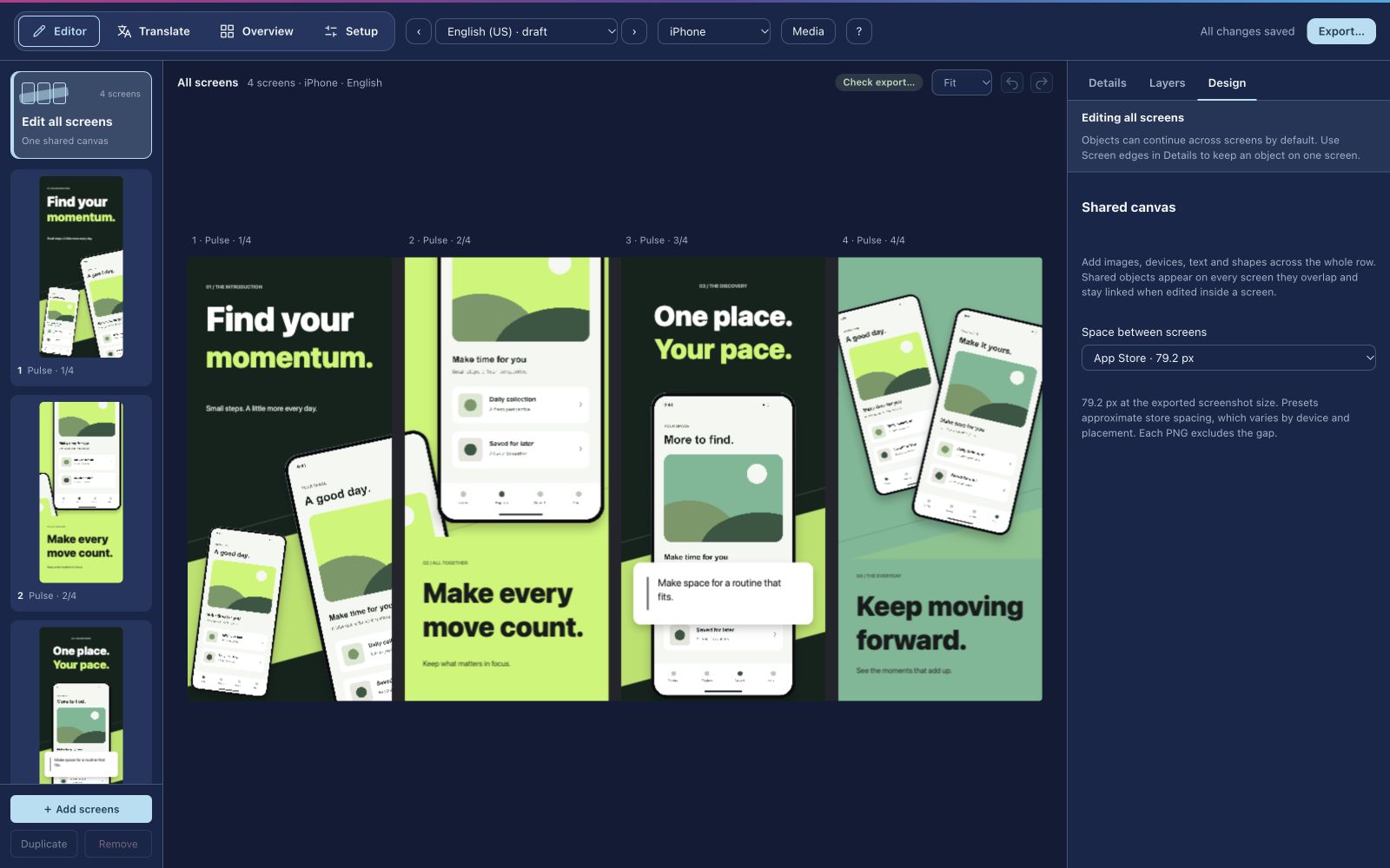 Screenshot Studio editor showing the complete four-screen Pulse starter design